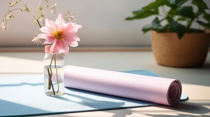 Close up view of pink open yoga mat for exercise wiith beautiful flower, infuse water in pink bottle, blue yoga block, towel and sock on beige background.
