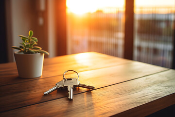  bunch of keys on a rustic wooden table, bathed in morning light and casting warm shadows, evokes a sense of hope, endless possibilities, and the start of something beautiful