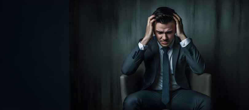  A businessman sits in a dark room with his head in his hands Illustrating stress, frustration, and contemplation in the corporate world.Mental health concept