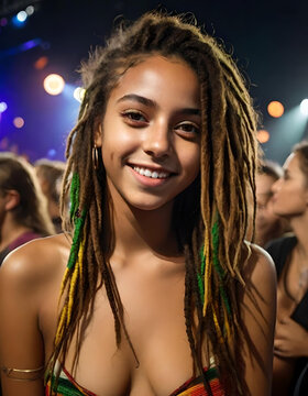 young rasta girl with dreadlocks on a concert. generative ai

