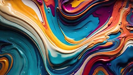 Vibrant abstract artwork, intricate paint swirls, colorful wall painting, swirly liquid art, close-up of fluid abstract design.