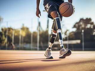 Fototapeta premium Athlete with artificial leg playing basketball outdoor sports court.