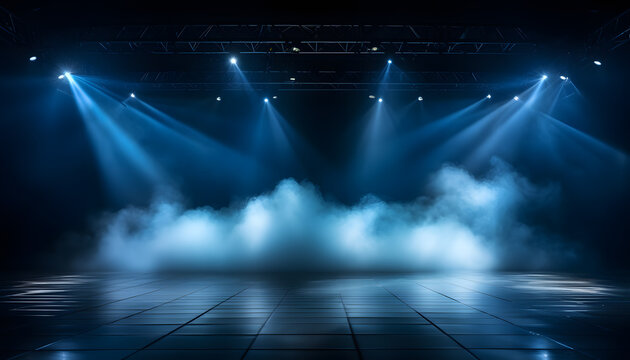 Illuminated Stage with blue lighting and a smoke effect. Empty stage with blue lighting and a black background