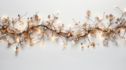Overhead Flat Lay View of Branched, Golden Christmas Garland on Bright White Background with Vintage Texture and Copy Space - Twinkle Lights on Twigs and Gold Holiday Glow - Xmas Decorations