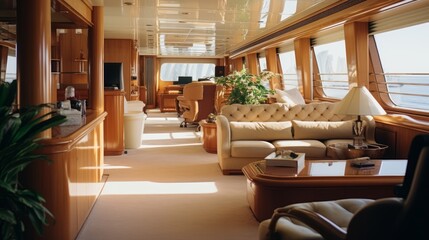 The interior of the cabin of a luxury cozy ship. Generative AI.