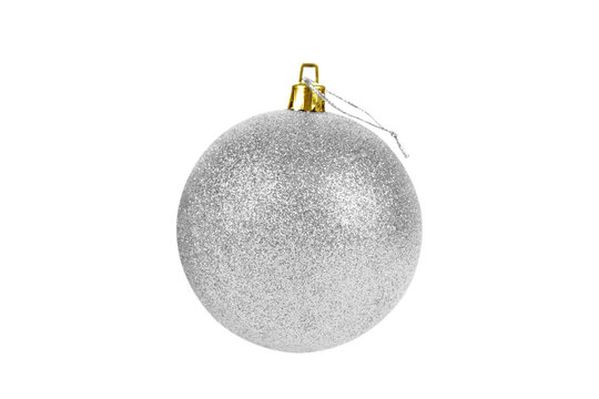 One white glittered Christmas ball isolated on white, transparent background, PNG. Decorative toy, shiny ball covered with glitter. Decor for the Christmas tree and New Year holiday.