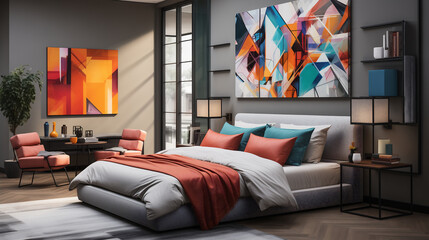 Bellissima camera da letto con arredamento minimalistico, con colori forti ed eleganti e quadri sul muro - obrazy, fototapety, plakaty