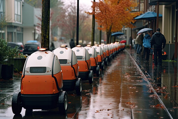 Robot delivery couriers gracefully maneuvering through rainy streets in Seattle, Washington, USA