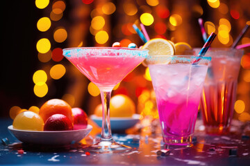 Set of pink and purple festive cocktails on the table, christmas lights and tree on background