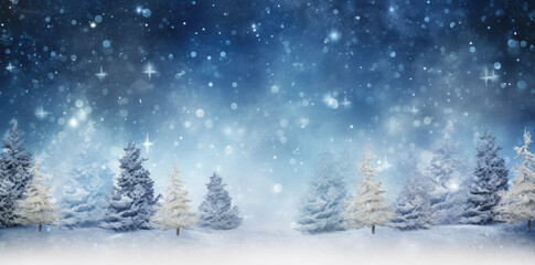 Winter snow background with snow, with beautiful light and snow flakes on the blue sky in the evening, copy space.