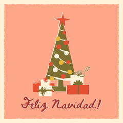 Feliz Navidad Merry Christmas in Spanish retro greeting card. Cute decorated Christmas Tree with baubles, lights, a star