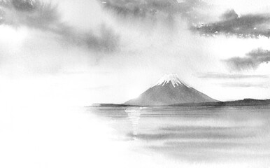 富士山と湖の水墨画　墨絵