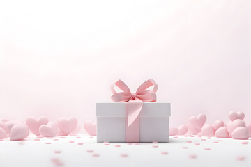 Pink present and hearts for valentine's day. Copy space. Empty space for text. Valentine's day concept. Holiday mood