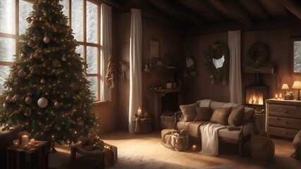 Obraz na płótnie Canvas A rustic simple cozy cabin with christmas tree