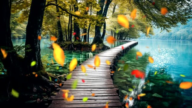 wooden path beautiful lake pure  on autumn forest water video background looping for live wallpaper 