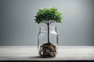 Front view of plant growing from jar with coins and copy space - obrazy, fototapety, plakaty