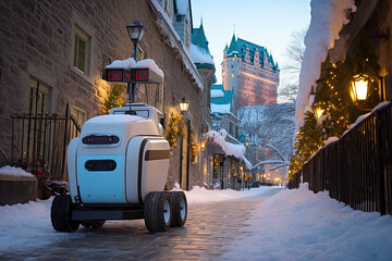Fototapeta na wymiar Robot delivery couriers navigate the historic and snow-covered streets of Quebec City