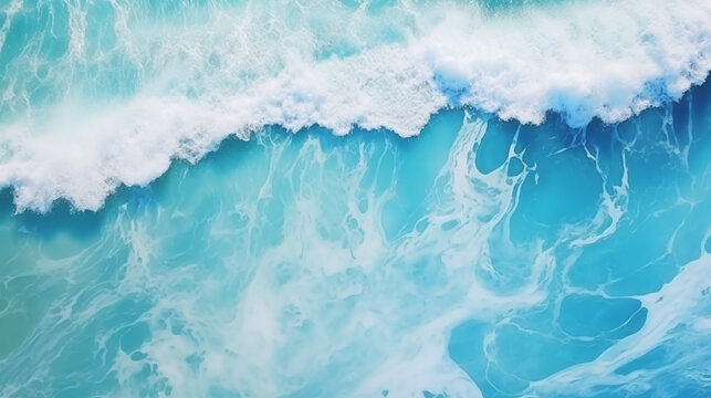 Aerial Top View Ocean Sea Water Background with White Wave Splashing.