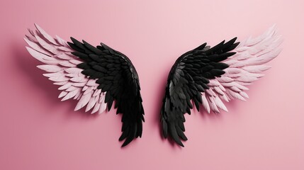 black and white angel wings isolated  on a pink background. black and white wings.
