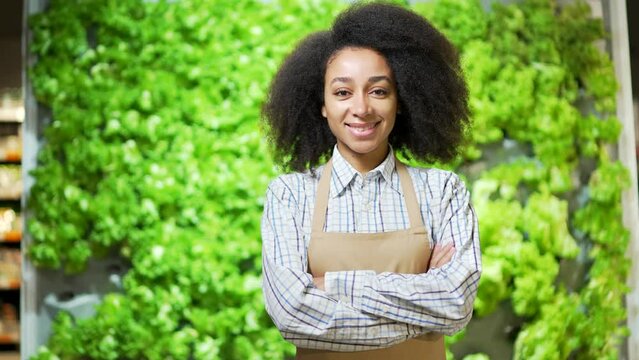 Portrait of african american woman greengrocer shopping in a market or supermarket grocery store looking at camera. Female farmer, seller or small business owner a vegetable department worker in apron