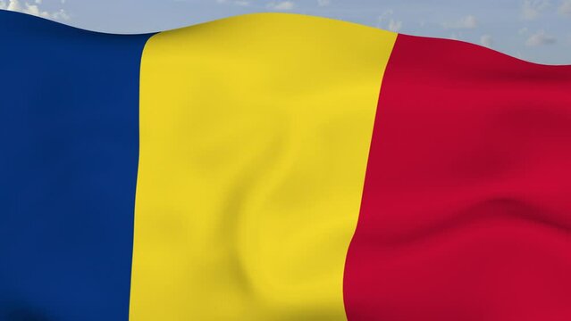 Loop der Romania Fahne wehend im Wind als Nahaufnahme 4K