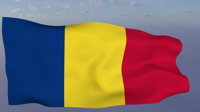 Loop der Romania Fahne wehend im Wind als Nahaufnahme 4K