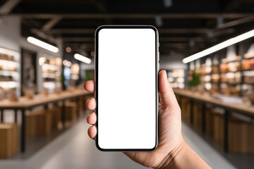 Mockup of Smartphone with White Screen in Male Hands in Cozy Coffee Shop or Boutique: Ideal for Promotion or App Advertising