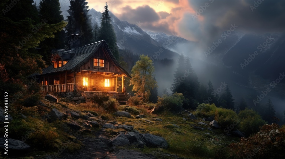 Canvas Prints a cabin in the mountains at night