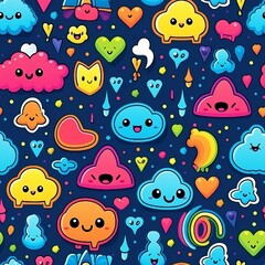 Naklejka premium Kawaii Doodles and Smiles Pattern