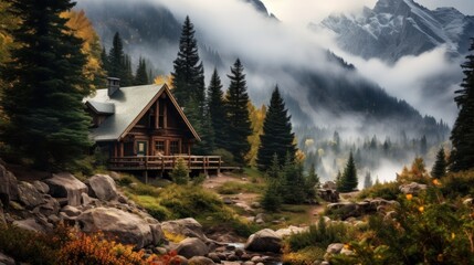 A cabin in the mountains surrounded by trees