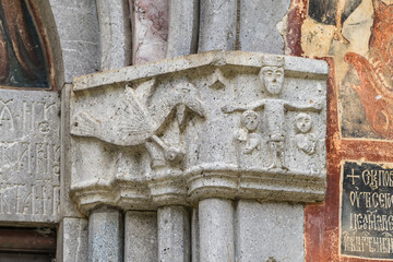 Stone carving on the walls of the Moraca monastery in Montenegro