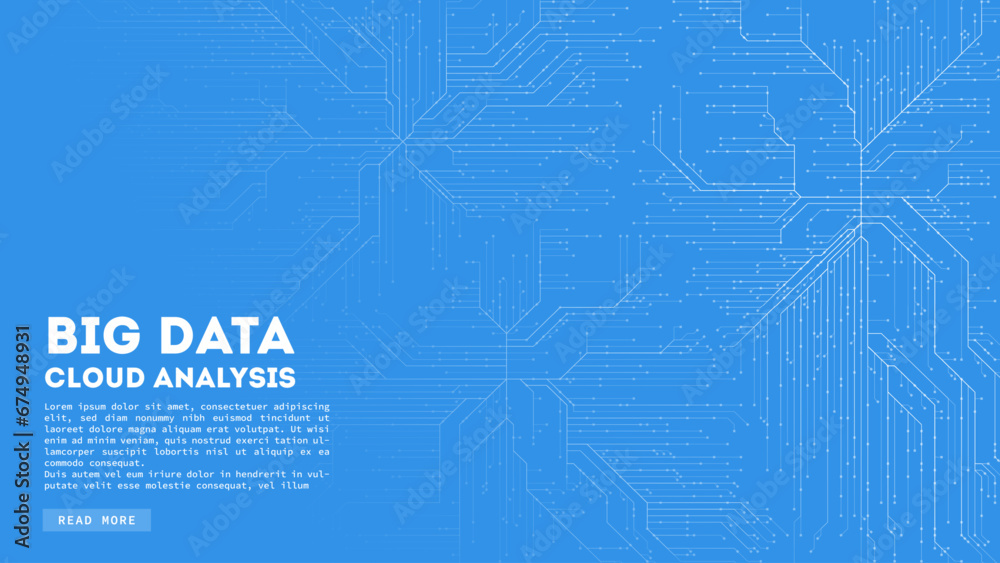 Poster Big Data cloud computing. Blockchain visualiztion. Cirquit board abstract pattern