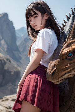 Image generated from A.I. of a young woman in the middle of the street with her dragon by her side
