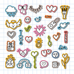 Collection of romantic objects and symbols. Stickers. Love, wedding, date, Valentine. Hand drawn, doodle, sketch style line