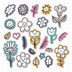 Cute hand drawn happy flowers. Doodle. Funny faces. Floral design elements. Outline. Stickers