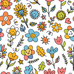 Cute seamless pattern with hand drawn happy flowers. Funny kawaii elements. Floral doodle background. Childish print