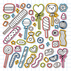 Hand drawn set of sweets and candies. Desserts, chocolate, macaroons, marshmallow. Doodle style. Sweet food. Stickers