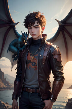 Image generated from A.I. of a young man in the middle of the city with his dragon on his shoulder
