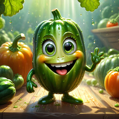 Joyful Zucchini character with a vibrant smile and sparkling eyes, set in a sunny, dew-kissed garden scene