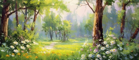 In the summer against the backdrop of a lush green forest a tree stood tall adorned with vibrant leaves and surrounded by a vibrant garden of colorful flowers The sun shone brightly casting  - obrazy, fototapety, plakaty