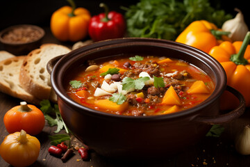 A steaming bowl of hearty fall soup surrounded by fresh ingredients