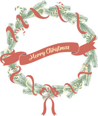 Merry Christmas pine ribbon wreath. Classic Christmas Wreath with Festive Ribbon Banner. 