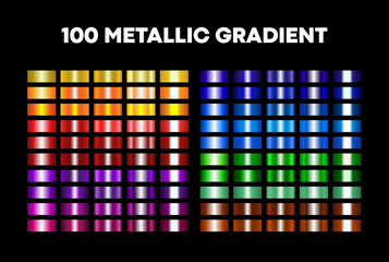 Set of 100 colorful metallic gradient. Vector isolated on black background.