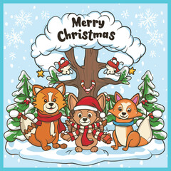 Fototapeta premium Merry Christmas cover animal coloring book cute small animals vector illustration