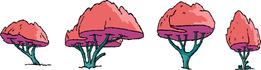 Set of trees.  Cluster of plant. landscape and front view. Hand drawn modern illustration. Isolated design element. Poster, print template.