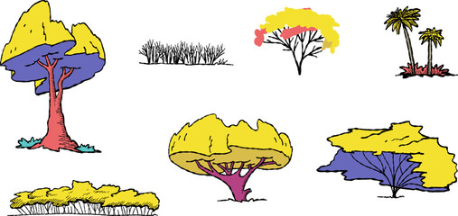 Set of trees.  Cluster of plant. landscape and front view. Hand drawn modern illustration. Isolated design element. Poster, print template.