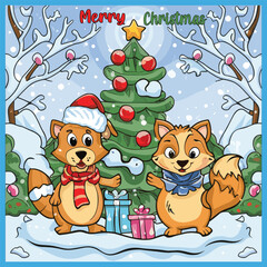 Merry Christmas cover animal coloring book cute small animals vector illustration