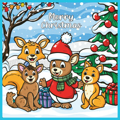 Merry Christmas cover animal coloring book cute small animals vector illustration