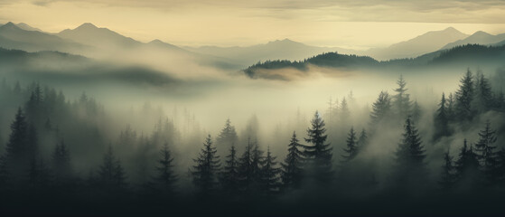 Misty Landscape With Fir Forest in Vintage Retro Style
