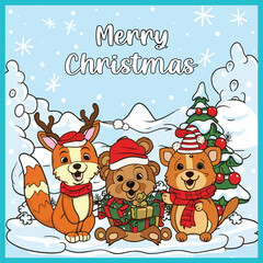 Naklejka premium Merry Christmas cover animal coloring book cute small animals vector illustration